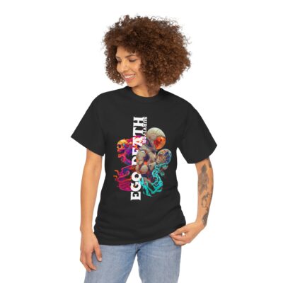 Custom-designed t-shirt featuring a psychonaut figure emerging from fractal dissolution with sacred geometry, mushrooms, and cosmic patterns.