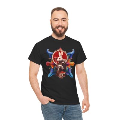 Unique psychedelic t-shirt featuring a white rabbit with fractals, sacred geometry, and surreal patterns symbolizing altered perception.