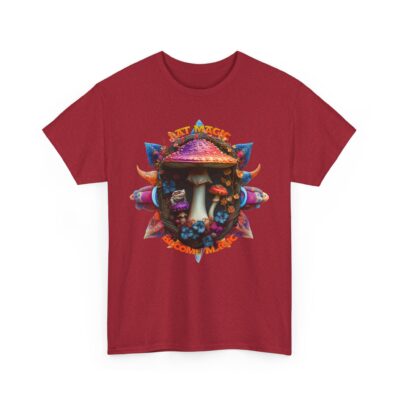 Statement psychedelic t-shirt featuring a magic mushroom surrounded by fractals and sacred geometry with the phrase “Eat Magic, Become Magic.”