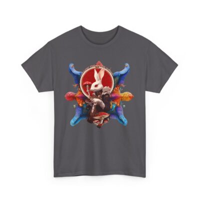 Unique psychedelic t-shirt featuring a white rabbit with fractals, sacred geometry, and surreal patterns symbolizing altered perception.