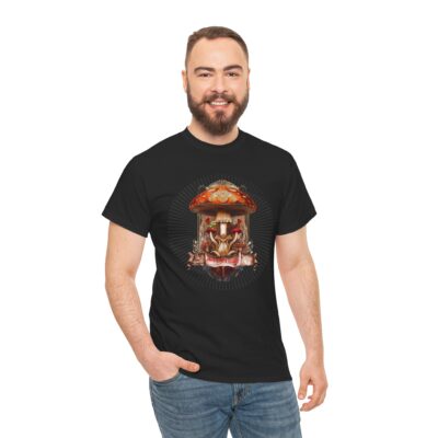 Amanita Muscaria Happy Trails t-shirt featuring a vibrant red psychedelic mushroom, swirling fractals, sacred geometry, and a playful scroll. Designed for psychonauts, mushroom enthusiasts, and seekers of altered states and spiritual growth.