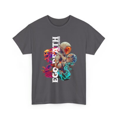 Custom-designed t-shirt featuring a psychonaut figure emerging from fractal dissolution with sacred geometry, mushrooms, and cosmic patterns.