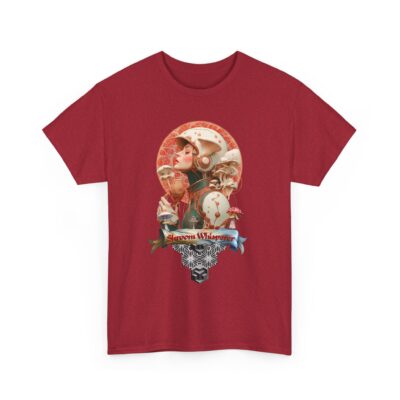 Custom-designed t-shirt featuring a figure communicating with psychedelic mushrooms, surrounded by sacred geometry and psychedelic shroomies