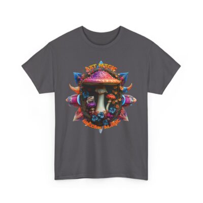 Statement psychedelic t-shirt featuring a magic mushroom surrounded by fractals and sacred geometry with the phrase “Eat Magic, Become Magic.”