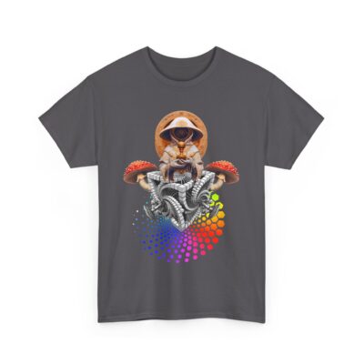 Exclusive psychedelic t-shirt featuring a shroom acolyte figure emerging from sacred geometry patterns with mushrooms and fractals.