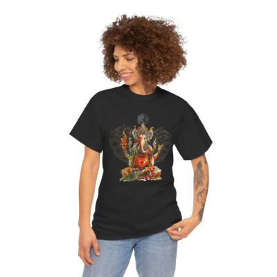 Custom-designed t-shirt featuring Ganesh as a psychonaut surrounded by sacred geometry, fractals, and cosmic patterns.