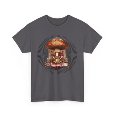 Amanita Muscaria Happy Trails t-shirt featuring a vibrant red psychedelic mushroom, swirling fractals, sacred geometry, and a playful scroll. Designed for psychonauts, mushroom enthusiasts, and seekers of altered states and spiritual growth.