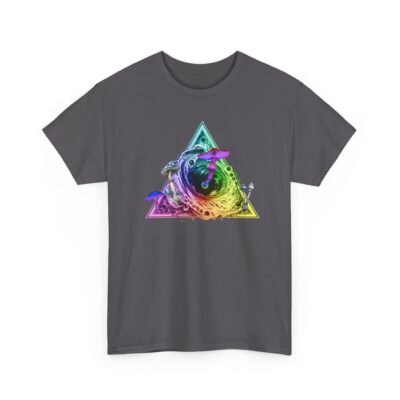 Bold psychedelic t-shirt featuring psilocybin mushrooms emerging from a black hole with a cosmic universe background and sacred geometry.
