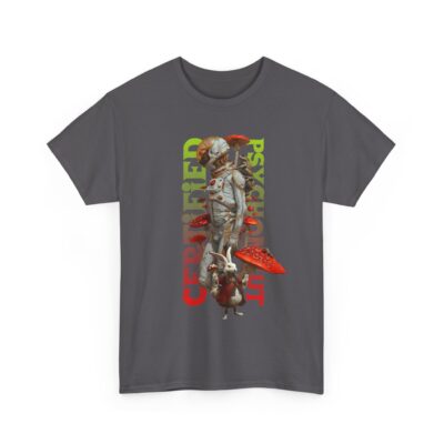 One-of-a-kind psychedelic t-shirt featuring a badge-style Certified Psychonaut design with an astronaut growing shroomies