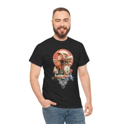Custom-designed t-shirt featuring a figure communicating with psychedelic mushrooms, surrounded by sacred geometry and psychedelic shroomies