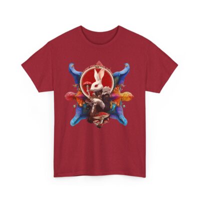 Unique psychedelic t-shirt featuring a white rabbit with fractals, sacred geometry, and surreal patterns symbolizing altered perception.