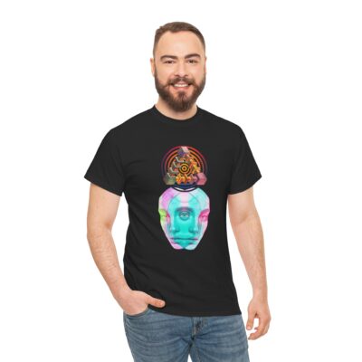 One-of-a-kind psychedelic t-shirt featuring a glitchy duality figure with sacred geometry and an All-Seeing Eye symbolizing monism and cosmic awareness.