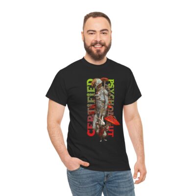 One-of-a-kind psychedelic t-shirt featuring a badge-style Certified Psychonaut design with an astronaut growing shroomies