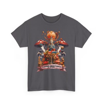 Custom-designed t-shirt featuring a meditating Buddha surrounded by psychedelic mushrooms with a scroll reading “Shroom Enlightenment in Progress.”