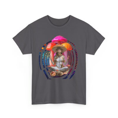 Custom-designed t-shirt featuring a meditating psychonaut surrounded by psychedelic mushrooms, cosmic fractals, and sacred geometry.