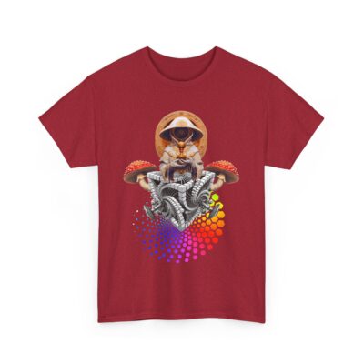 Exclusive psychedelic t-shirt featuring a shroom acolyte figure emerging from sacred geometry patterns with mushrooms and fractals.