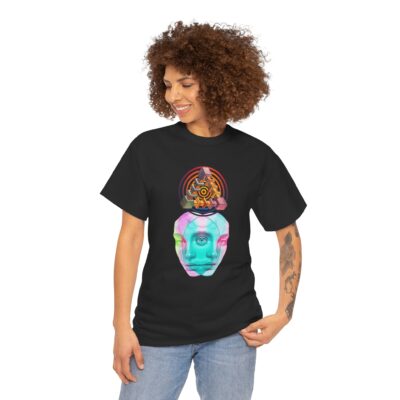 One-of-a-kind psychedelic t-shirt featuring a glitchy duality figure with sacred geometry and an All-Seeing Eye symbolizing monism and cosmic awareness.
