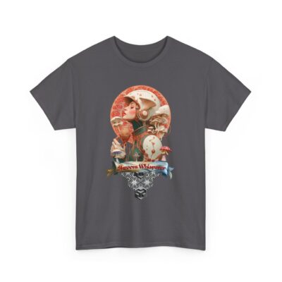 Custom-designed t-shirt featuring a figure communicating with psychedelic mushrooms, surrounded by sacred geometry and psychedelic shroomies