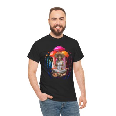 Custom-designed t-shirt featuring a meditating psychonaut surrounded by psychedelic mushrooms, cosmic fractals, and sacred geometry.