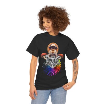 Exclusive psychedelic t-shirt featuring a shroom acolyte figure emerging from sacred geometry patterns with mushrooms and fractals.