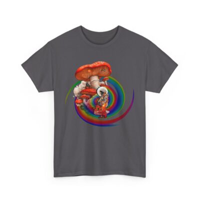 Custom-designed t-shirt featuring an astronaut floating beside a vibrant magic mushroom with sacred geometry and fractals.