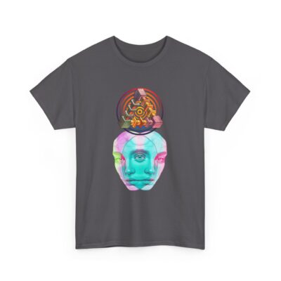 One-of-a-kind psychedelic t-shirt featuring a glitchy duality figure with sacred geometry and an All-Seeing Eye symbolizing monism and cosmic awareness.