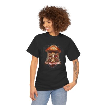 Amanita Muscaria Happy Trails t-shirt featuring a vibrant red psychedelic mushroom, swirling fractals, sacred geometry, and a playful scroll. Designed for psychonauts, mushroom enthusiasts, and seekers of altered states and spiritual growth.