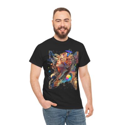 Custom-designed t-shirt featuring a psychonaut dissolving into psychedelic fractals and sacred geometry during a cosmic giggle breakthrough.