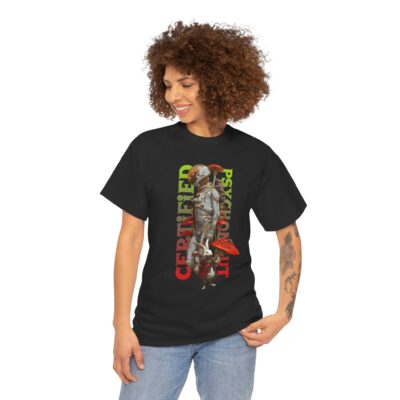 One-of-a-kind psychedelic t-shirt featuring a badge-style Certified Psychonaut design with an astronaut growing shroomies