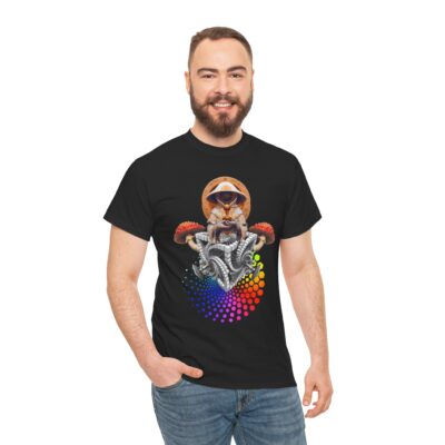 Exclusive psychedelic t-shirt featuring a shroom acolyte figure emerging from sacred geometry patterns with mushrooms and fractals.