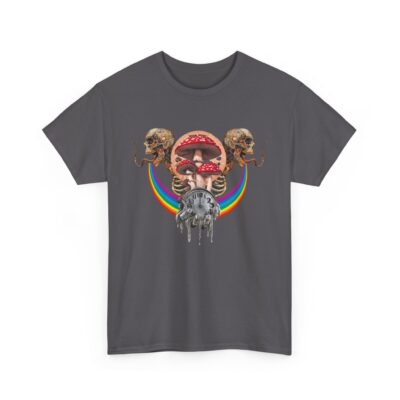 Custom-designed t-shirt featuring a psychonaut dissolving into psychedelic mushrooms with sacred geometry, fractals, and time distortion elements.