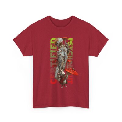 One-of-a-kind psychedelic t-shirt featuring a badge-style Certified Psychonaut design with an astronaut growing shroomies