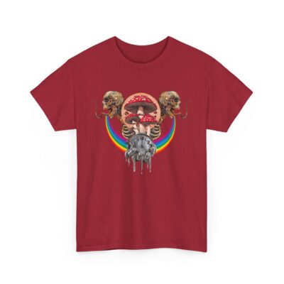 Custom-designed t-shirt featuring a psychonaut dissolving into psychedelic mushrooms with sacred geometry, fractals, and time distortion elements.