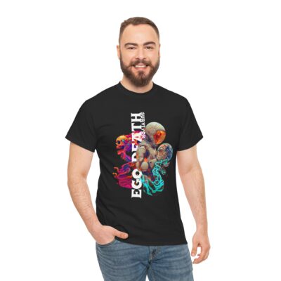 Custom-designed t-shirt featuring a psychonaut figure emerging from fractal dissolution with sacred geometry, mushrooms, and cosmic patterns.