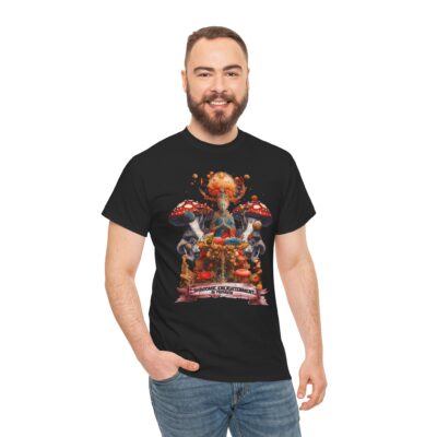 Custom-designed t-shirt featuring a meditating Buddha surrounded by psychedelic mushrooms with a scroll reading “Shroom Enlightenment in Progress.”