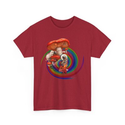 Custom-designed t-shirt featuring an astronaut floating beside a vibrant magic mushroom with sacred geometry and fractals.