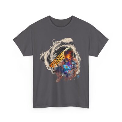 Custom-designed t-shirt featuring a psychonaut hovering above a galaxy, surrounded by sacred geometry, fractals, and nebula clouds.