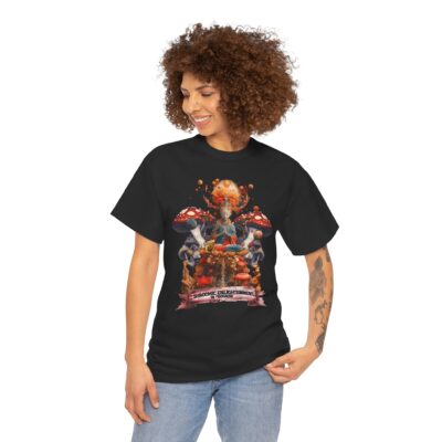 Custom-designed t-shirt featuring a meditating Buddha surrounded by psychedelic mushrooms with a scroll reading “Shroom Enlightenment in Progress.”