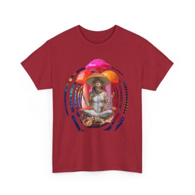 Custom-designed t-shirt featuring a meditating psychonaut surrounded by psychedelic mushrooms, cosmic fractals, and sacred geometry.