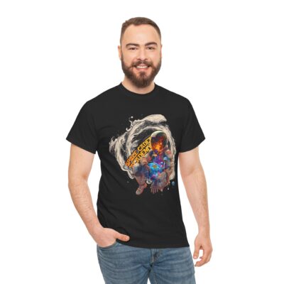 Custom-designed t-shirt featuring a psychonaut hovering above a galaxy, surrounded by sacred geometry, fractals, and nebula clouds.