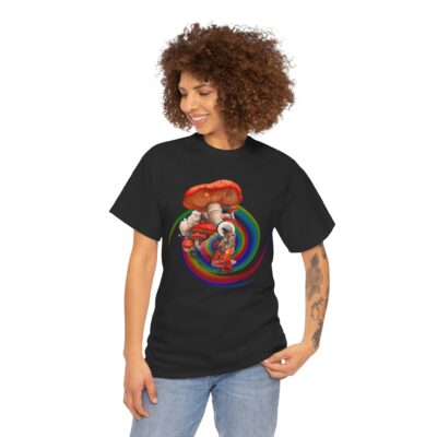 Custom-designed t-shirt featuring an astronaut floating beside a vibrant magic mushroom with sacred geometry and fractals.