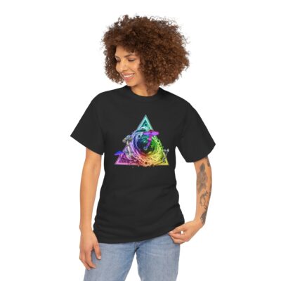 Bold psychedelic t-shirt featuring psilocybin mushrooms emerging from a black hole with a cosmic universe background and sacred geometry.
