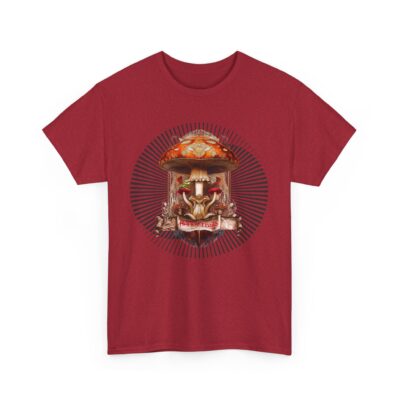 Amanita Muscaria Happy Trails t-shirt featuring a vibrant red psychedelic mushroom, swirling fractals, sacred geometry, and a playful scroll. Designed for psychonauts, mushroom enthusiasts, and seekers of altered states and spiritual growth.