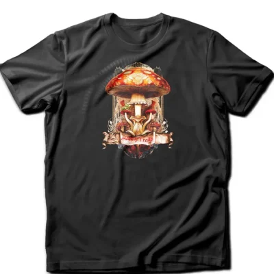 Amanita Muscaria Happy Trails t-shirt featuring a vibrant red psychedelic mushroom, swirling fractals, sacred geometry, and a playful scroll. Designed for psychonauts, mushroom enthusiasts, and seekers of altered states and spiritual growth.