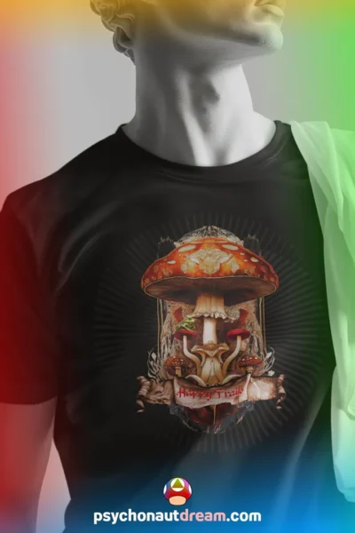 Amanita Muscaria Happy Trails t-shirt featuring a vibrant red psychedelic mushroom, swirling fractals, sacred geometry, and a playful scroll. Designed for psychonauts, mushroom enthusiasts, and seekers of altered states and spiritual growth.