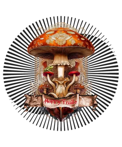 Amanita Muscaria Happy Trails t-shirt featuring a vibrant red psychedelic mushroom, swirling fractals, sacred geometry, and a playful scroll. Designed for psychonauts, mushroom enthusiasts, and seekers of altered states and spiritual growth.