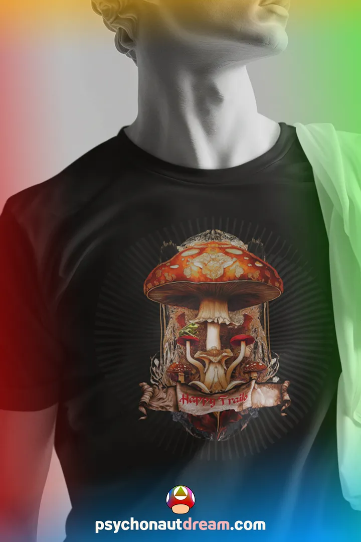 Amanita Muscaria Happy Trails t-shirt featuring a vibrant red psychedelic mushroom, swirling fractals, sacred geometry, and a playful scroll. Designed for psychonauts, mushroom enthusiasts, and seekers of altered states and spiritual growth.