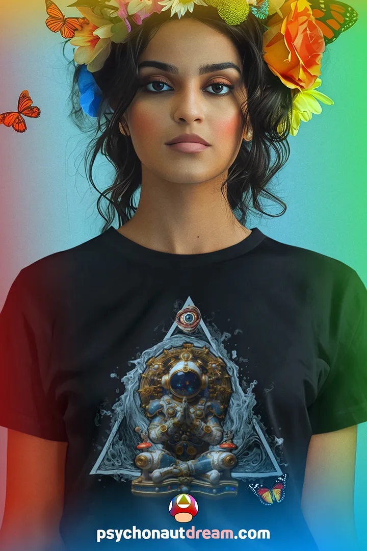 Custom-designed t-shirt featuring an astronaut floating with the Wheel of Time, All-Seeing Eye, and a triangle representing the universe.
