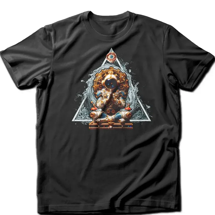 Custom-designed t-shirt featuring an astronaut floating with the Wheel of Time, All-Seeing Eye, and a triangle representing the universe.