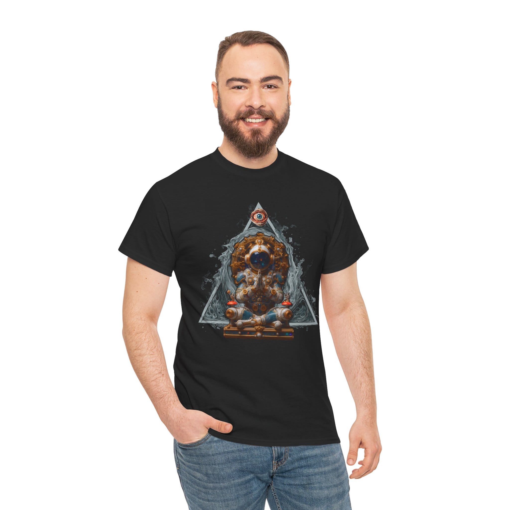 Custom-designed t-shirt featuring an astronaut floating with the Wheel of Time, All-Seeing Eye, and a triangle representing the universe.